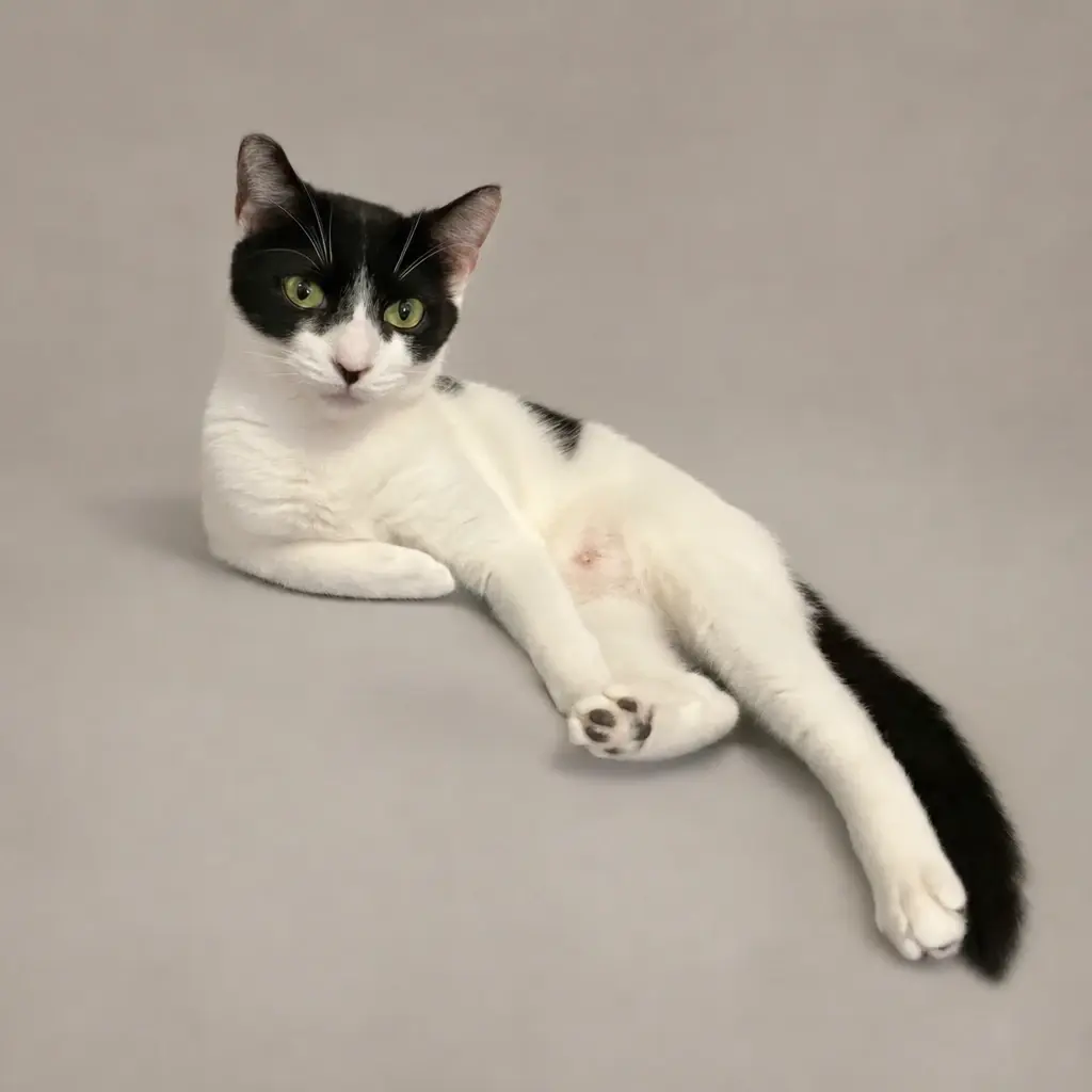 Domino, a black-and-white cat with green eyes, relaxing with one front paw extended against a soft neutral background.
