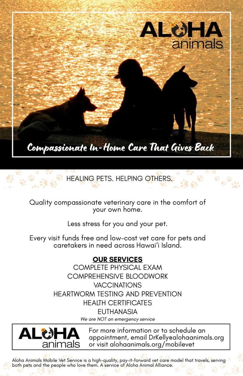 Aloha Animals flyer: Compassionate In-Home Care That Gives Back, with a person and two dogs silhouetted beside the ocean at sunset. Services and contact details are listed alongside this flyer.